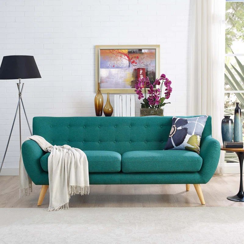 Teal Tufted Mid-Century Modern Fabric Sofa with Wood Legs