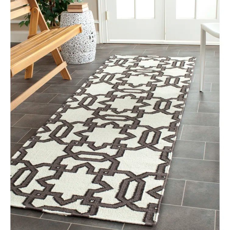 Ivory and Grey Geometric Wool Flatweave Runner Rug