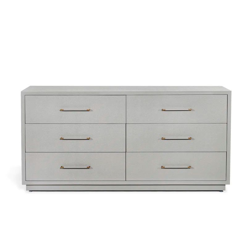 Coastal Double 6-Drawer Dresser in Light Grey with Antique Brass Finish