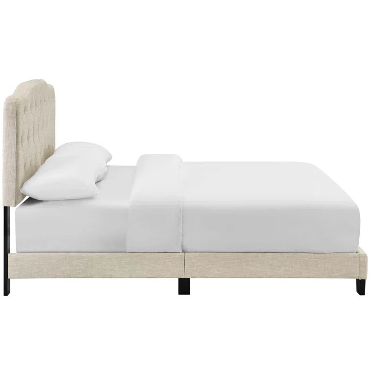 Elegant Beige King-Size Upholstered Bed with Tufted Headboard
