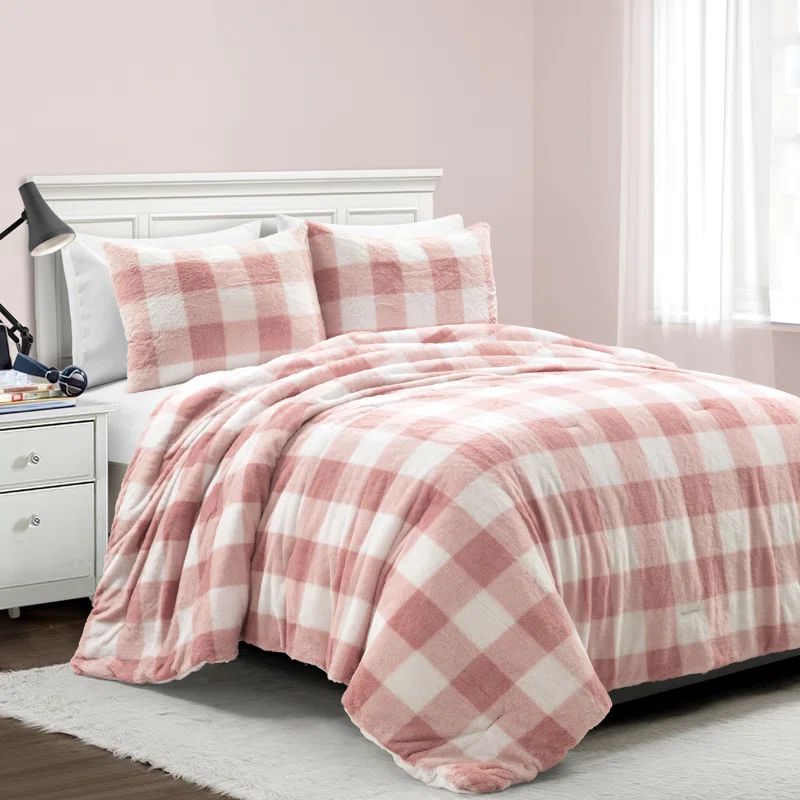 Blush Plaid Faux Fur Twin Comforter Set