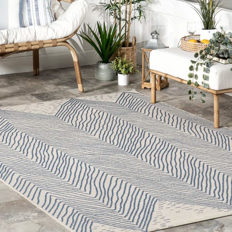 Reversible Square Blue Chevron Waves Synthetic Patio Rug - 6'