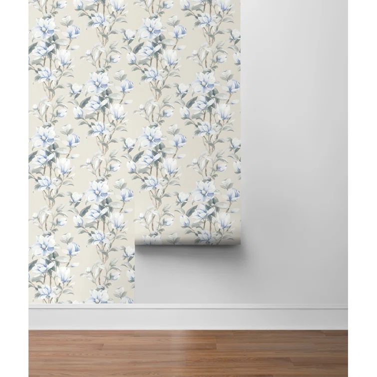 Linen French Blue Floral Peel and Stick Wallpaper Roll