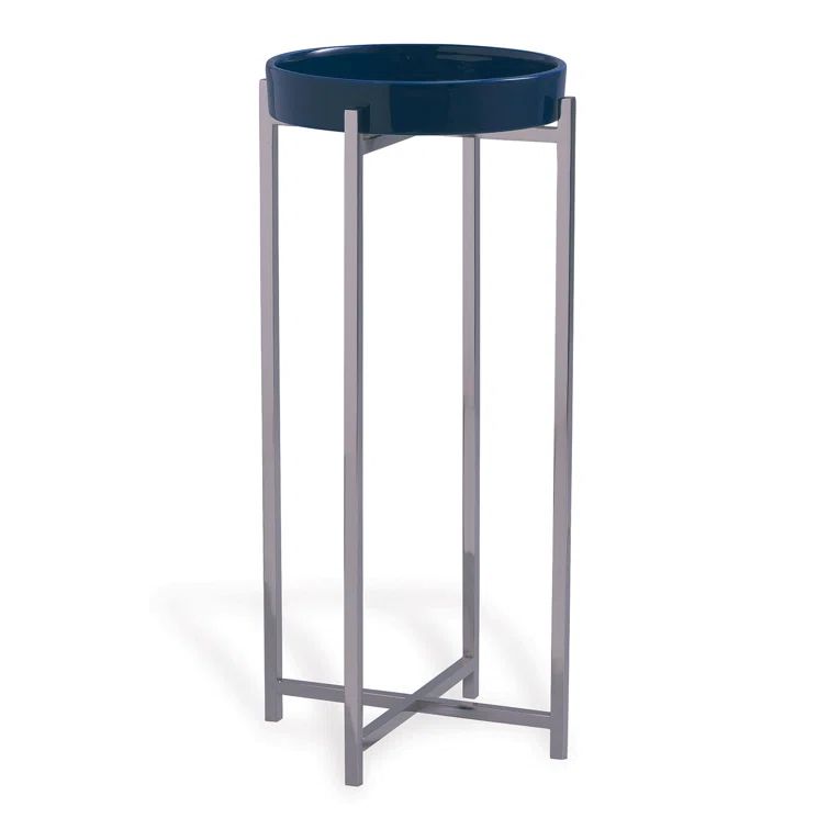 Navy Blue Porcelain Tray Top End Table with Nickel Frame