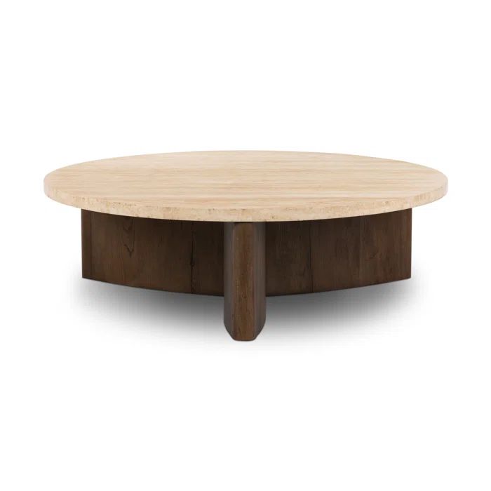 Round Travertine and Oak Coffee Table