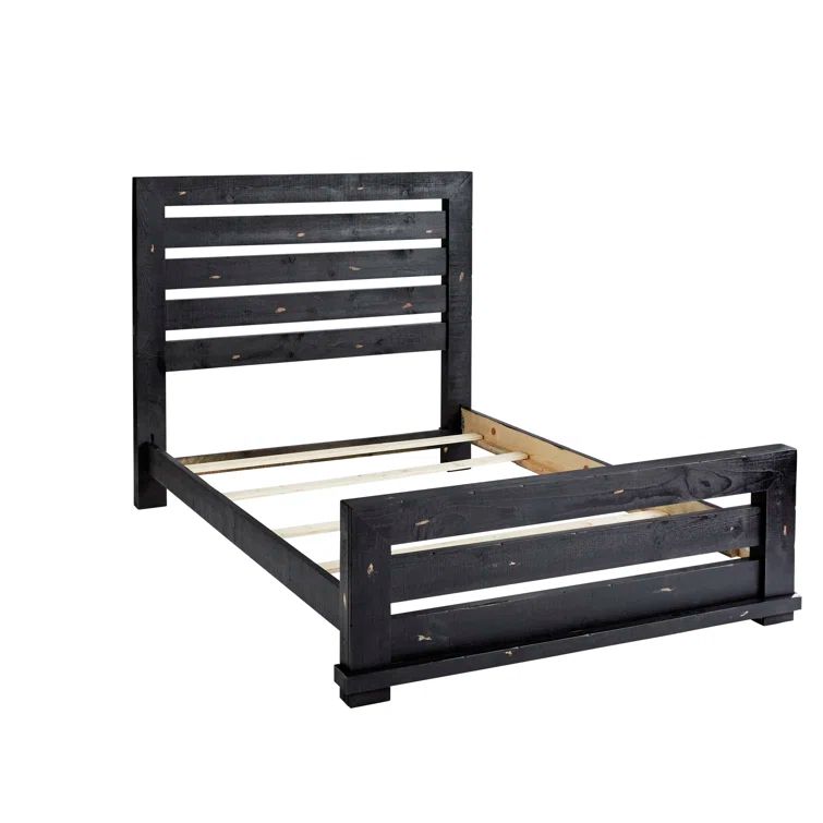 Idria Queen Size Pine Wood Frame Bed with Distressed Black Finish