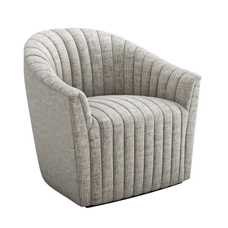 Handcrafted Feather Chenille Swivel Barrel Chair in Wood Finish