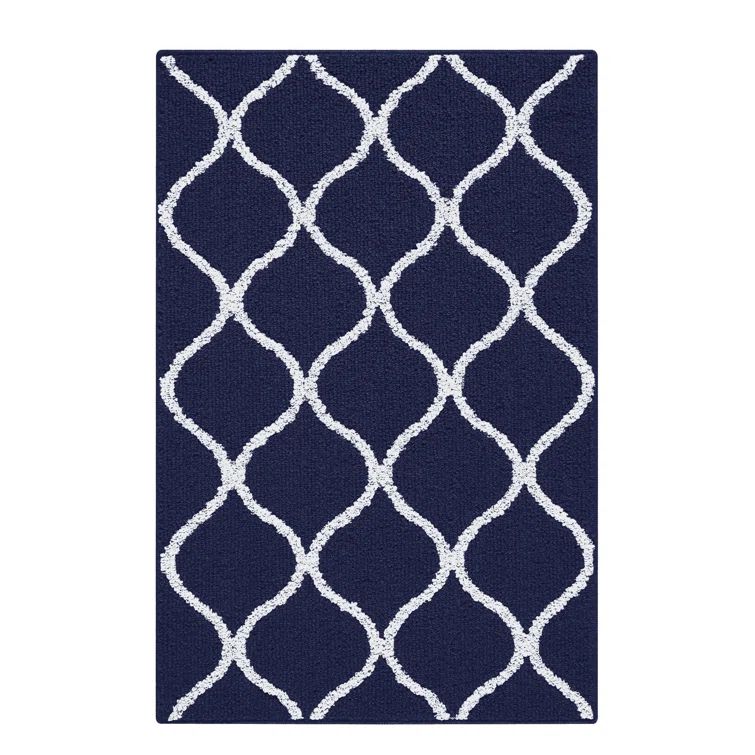 Navy Blue and White Tufted Geometric Indoor Rug