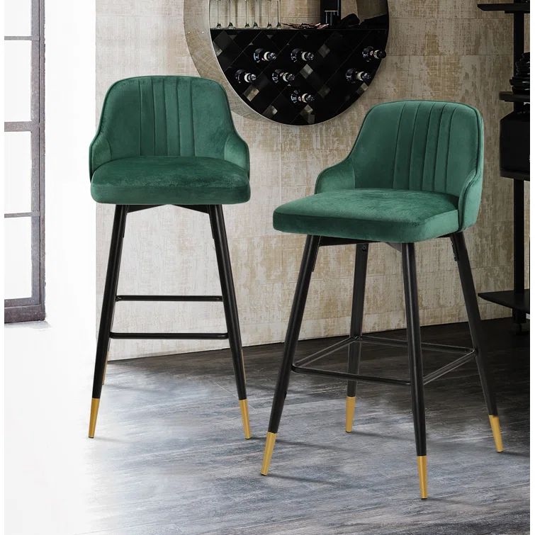 Green Velvet Swivel Bar Stools with Metal Legs, Set of 2