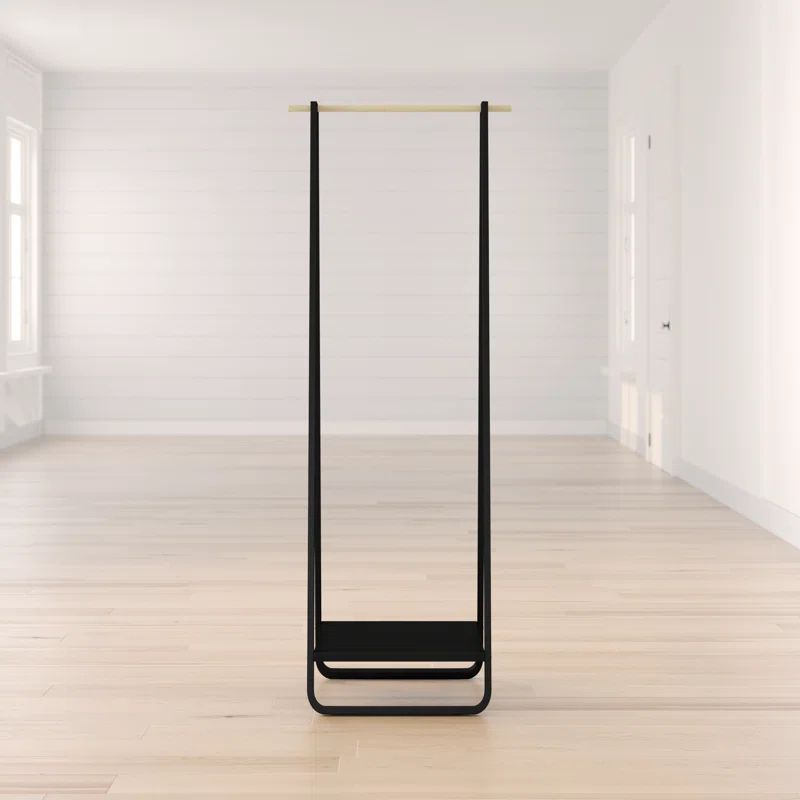 Slim Black Steel Freestanding Hanger Rack with Shelf