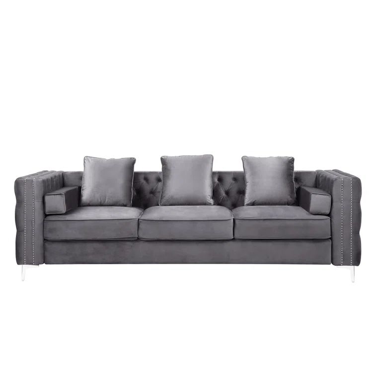 Elegant Gray Velvet Tufted Sofa with Ottoman and Nailhead Trim