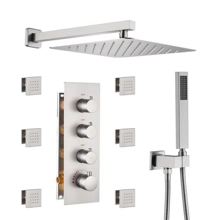 Brushed Nickel Wall Mounted Shower System with Adjustable Heads and Body Jets