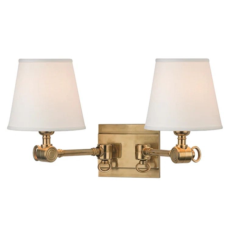 Aged Brass Dual Arm Sconce with White Linen Shades