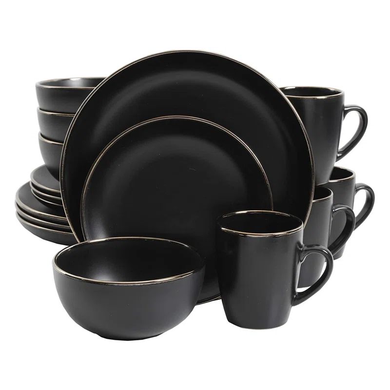 Matte Black Ceramic Dinnerware Set with Gold Rim, Service for 4