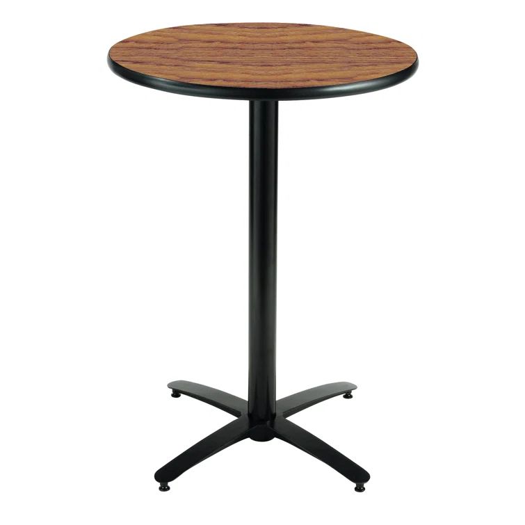 Natural Wood Round Bar Height Breakroom Table with Steel Cross Base