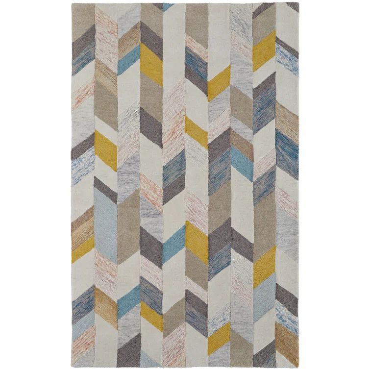 Chevron Tufted Blue Ivory Wool Blend Rectangular 5' x 8' Rug