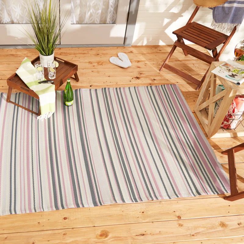 Blue and Multicolor Striped 4' x 6' Outdoor Rug
