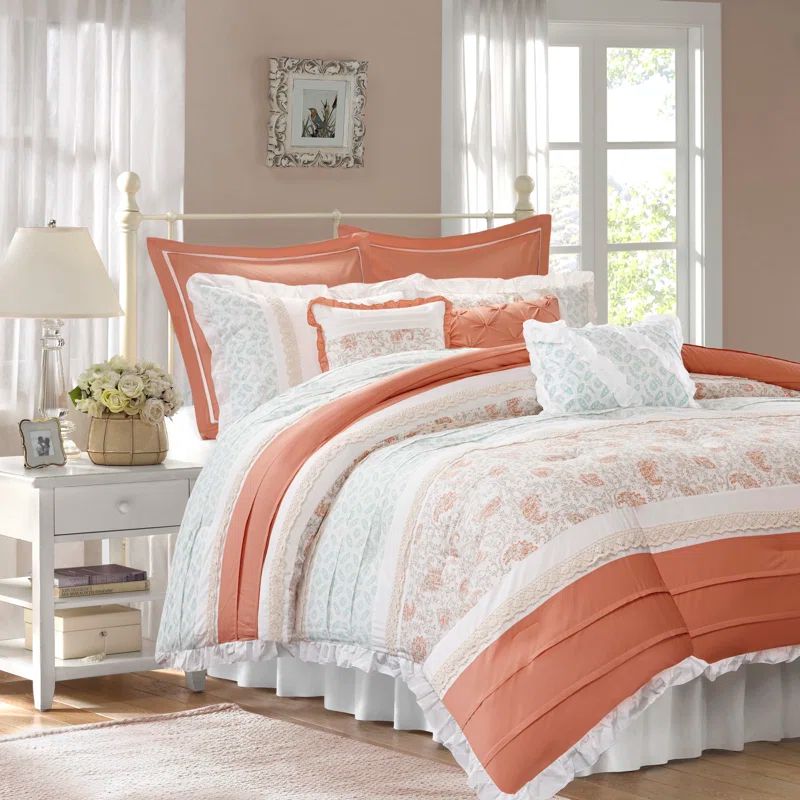 King White and Coral Cotton Reversible Comforter Set