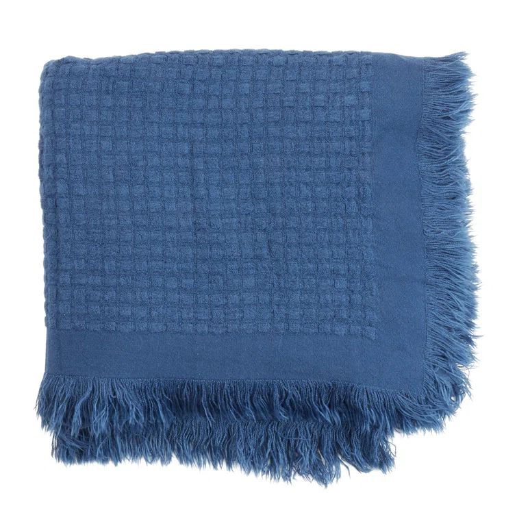 Navy Blue Cotton Waffle Weave Throw Blanket with Fringe
