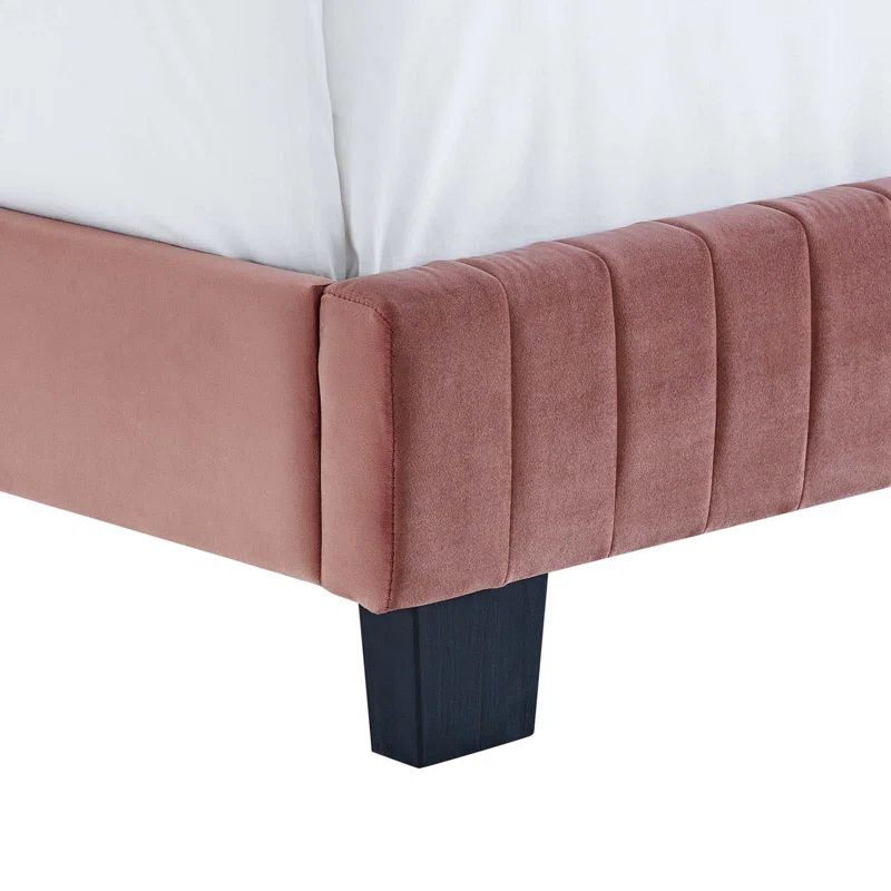 Dusty Rose Velvet Upholstered King Platform Bed with Tufted Headboard
