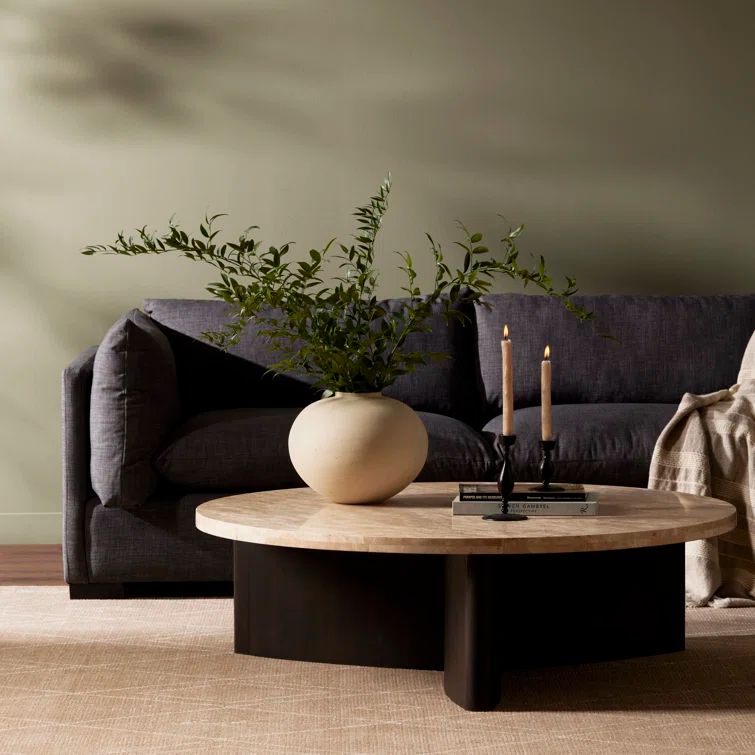 Rustic Gray Round Oak Coffee Table with Storage