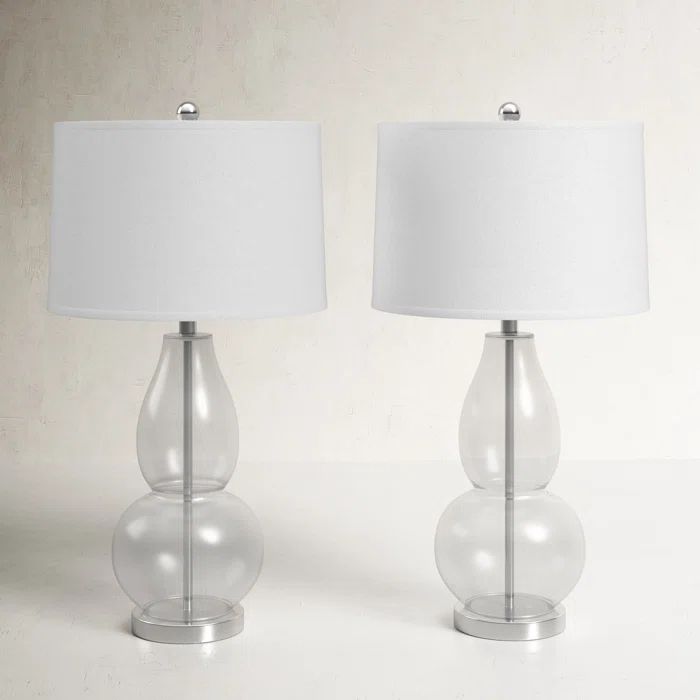 Mercurio Silver Finish Double Gourd Clear Crackle Glass Table Lamp Set