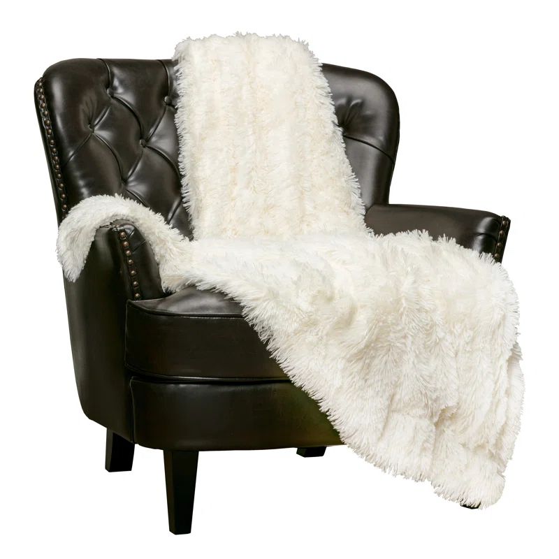 Ivory White Reversible Faux Fur and Sherpa Throw Blanket