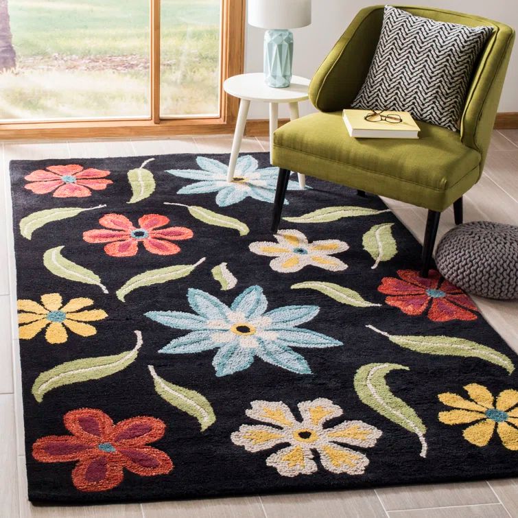 Black Hand-Knotted Wool Floral 8' x 10' Rug