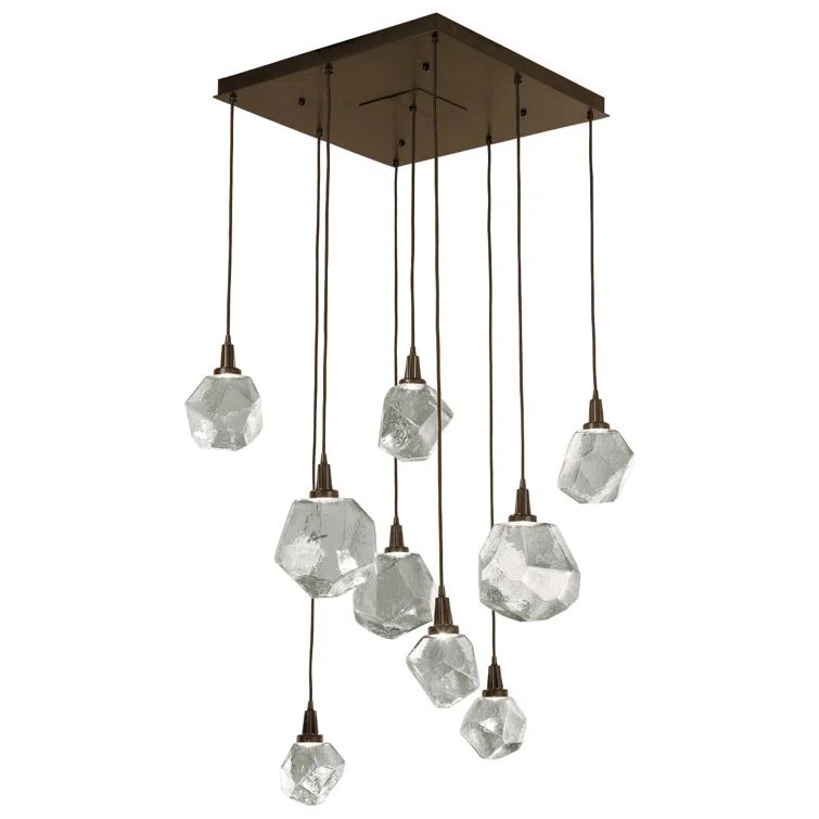 Gem Square 9-Light LED Cluster Pendant in Flat Bronze with Smoke Glass