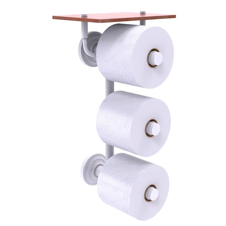 Matte White Wall Mounted 3-Roll Toilet Paper Holder with Wood Shelf