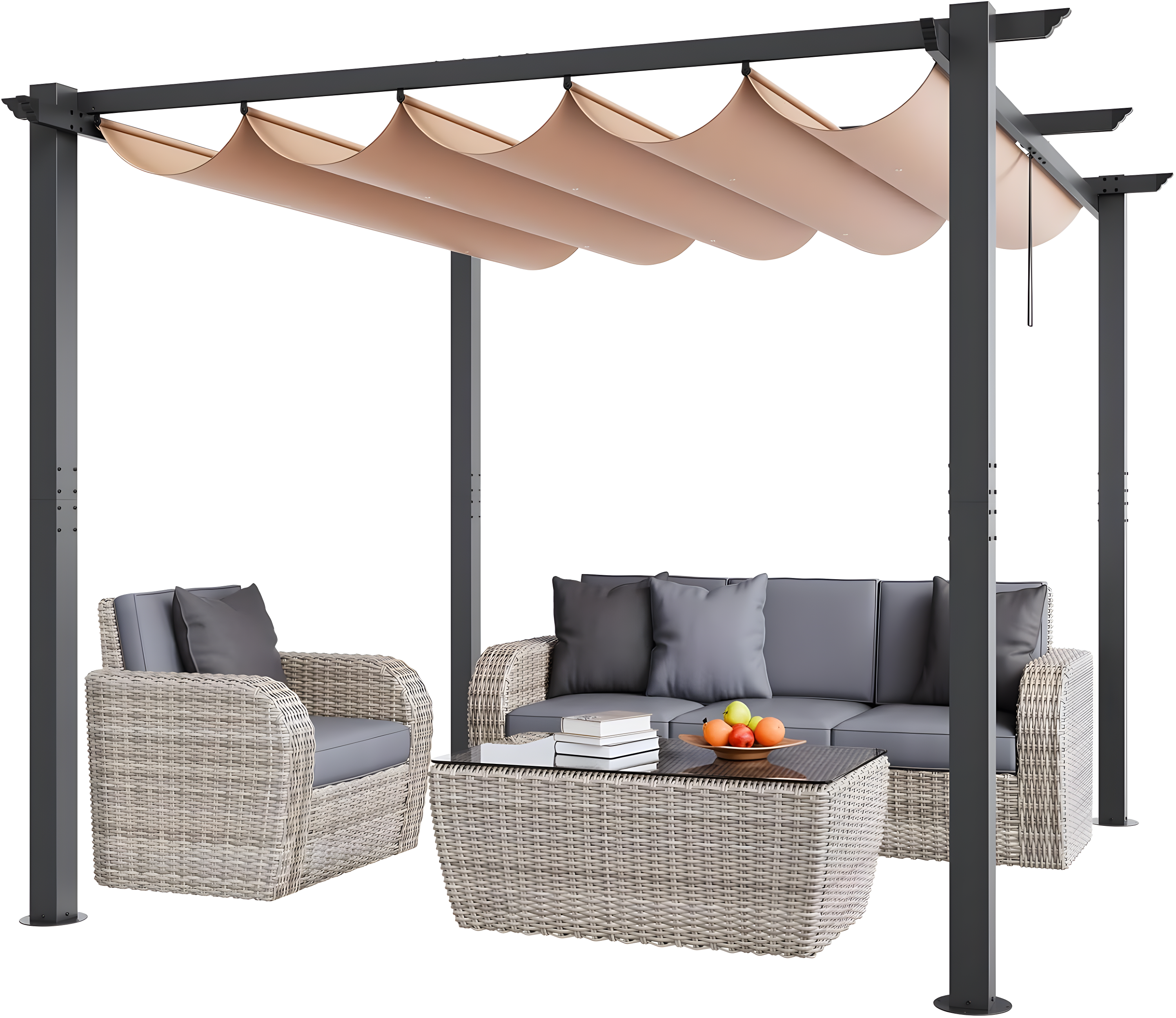 Beige Aluminum 10'x10' Retractable Pergola with Canopy