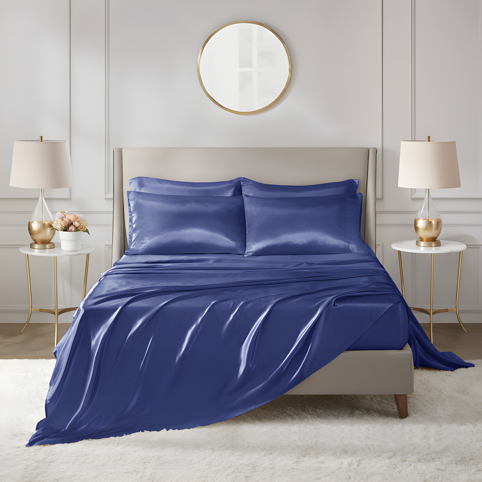 Navy Queen Satin and Polyester 6-Piece Sheet Set