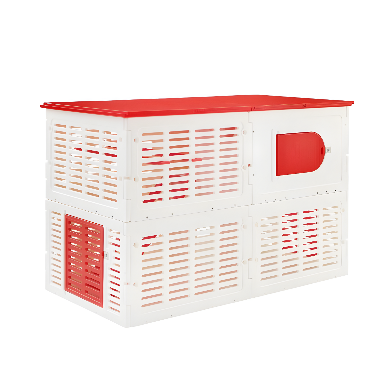 Red and White Multi-Level Plastic Chicken Coop