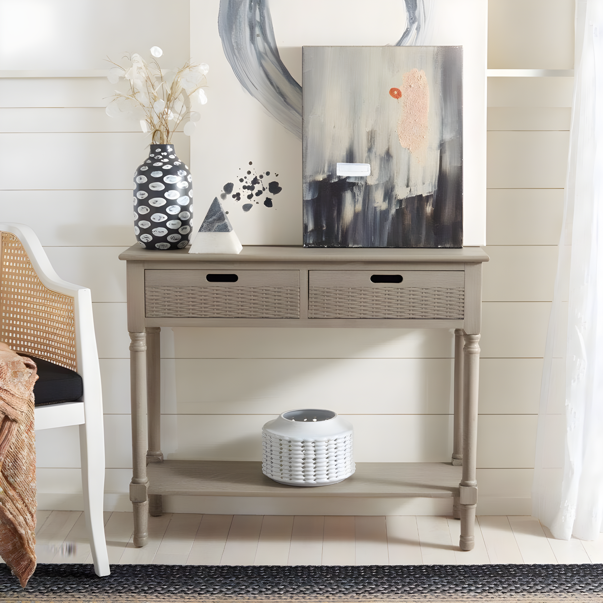 Greige Wood 2-Drawer Console Table with Storage