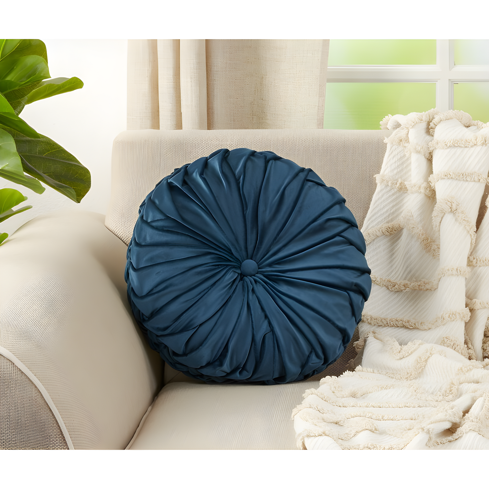 14" Navy Blue Velvet Pintucked Round Throw Pillow