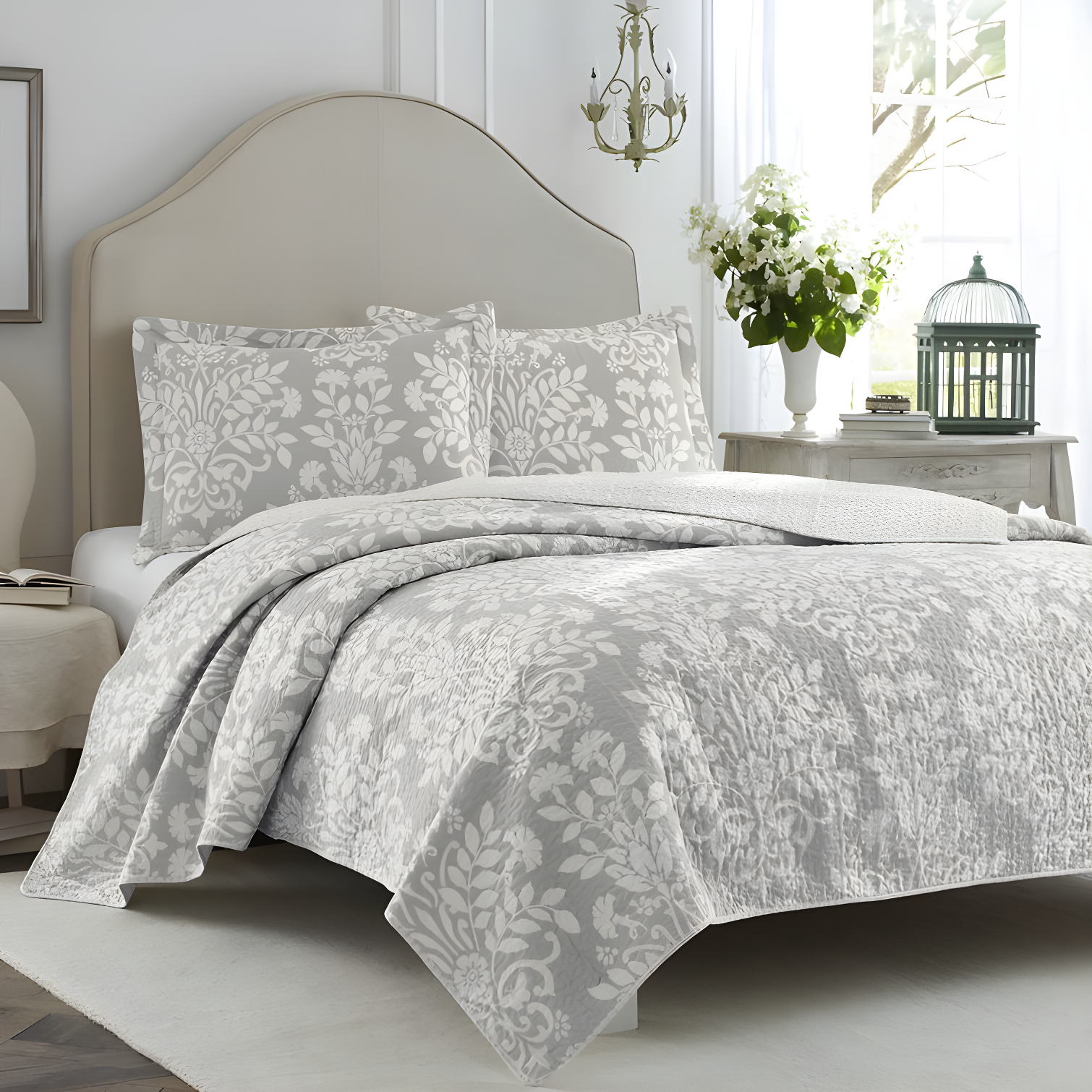 Gray Cotton Twin Reversible Quilt Set with Sham