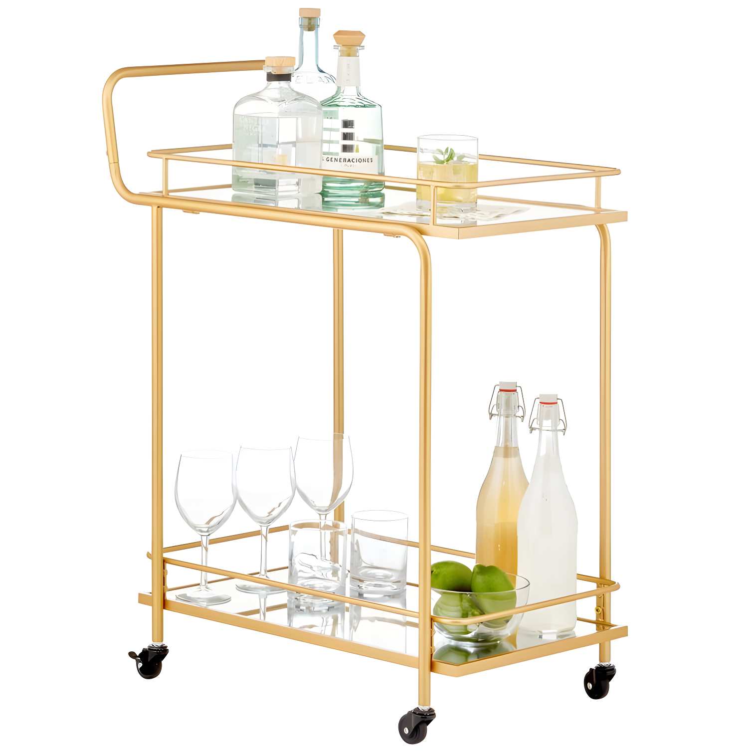 Elegant Soft Brass Rectangular Bar Cart with Glass Shelves and Wine Rack