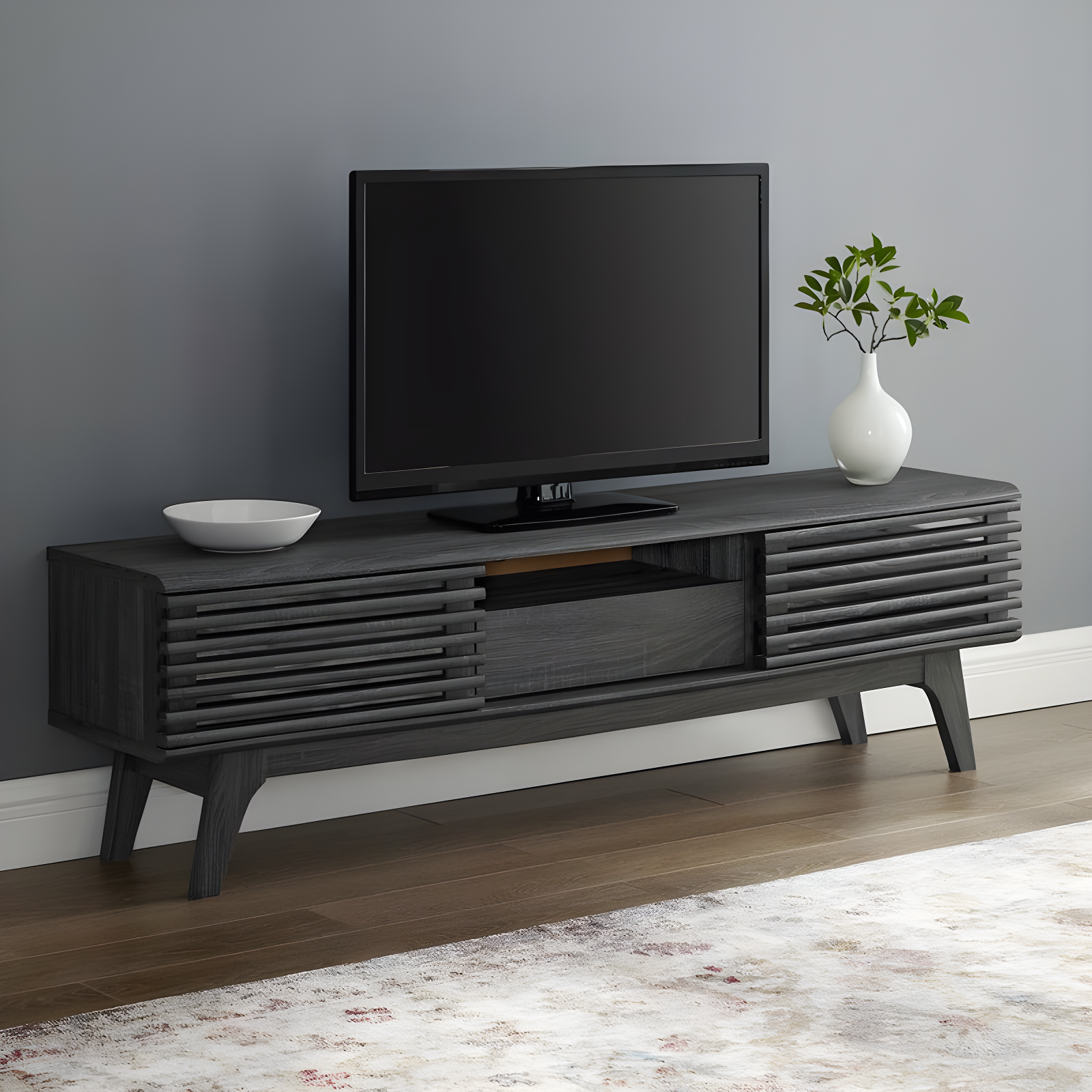 Charcoal 59" Walnut Grain TV Stand with Cabinet