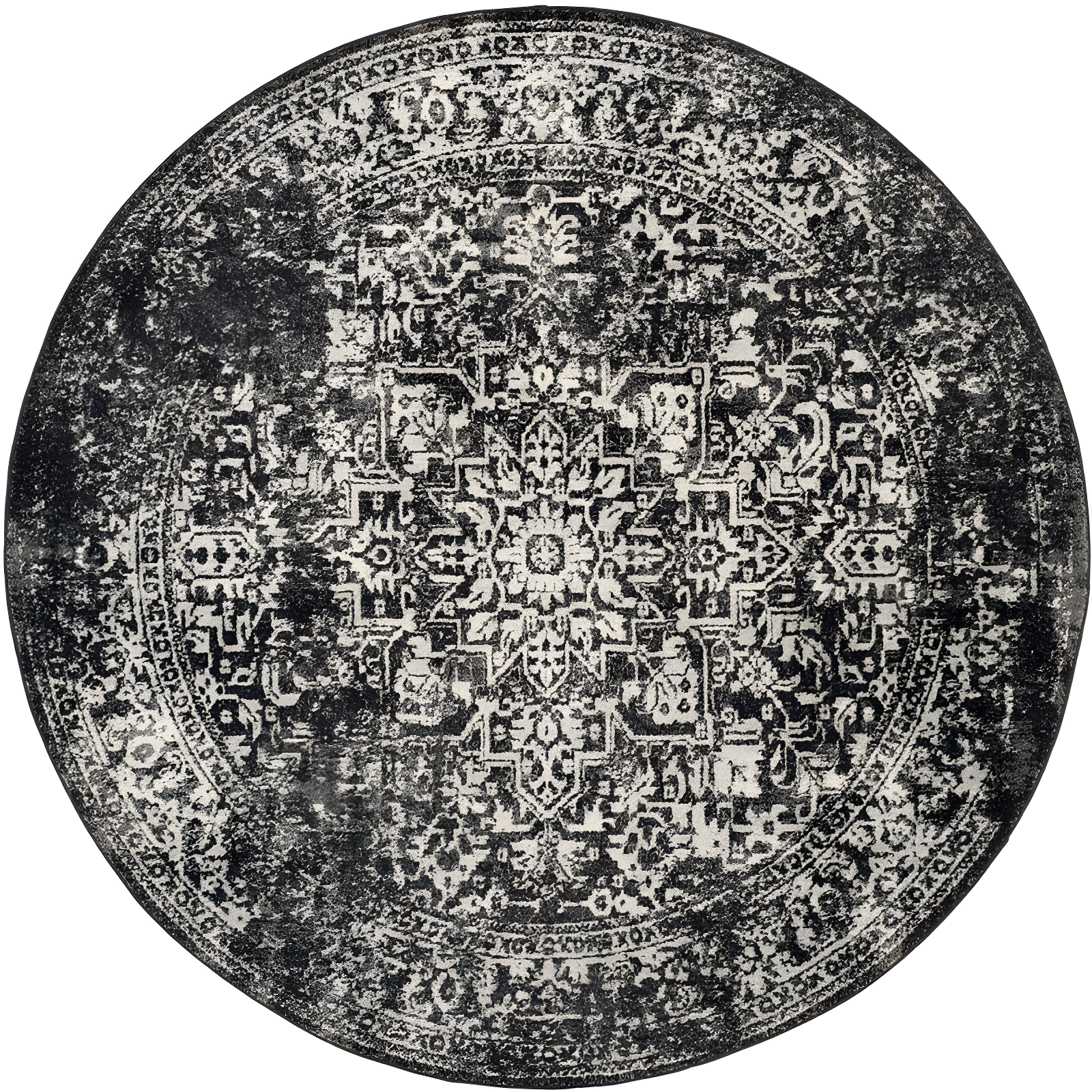 Black and Grey Round Floral Motif Synthetic Area Rug