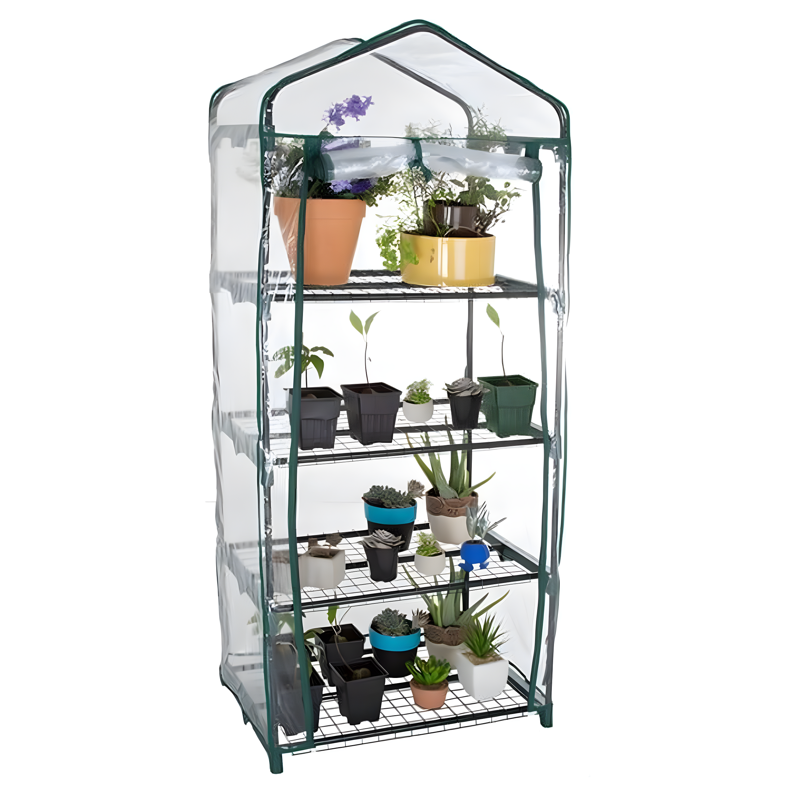 Compact 4-Tier Green Iron Mini Greenhouse with Zippered PVC Cover