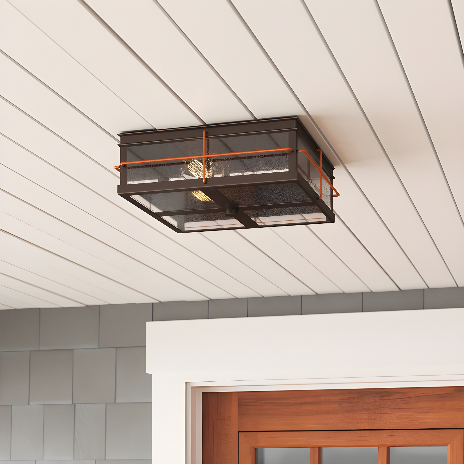 Bronze and Copper 2-Light Outdoor Flush Mount with Glass Panels