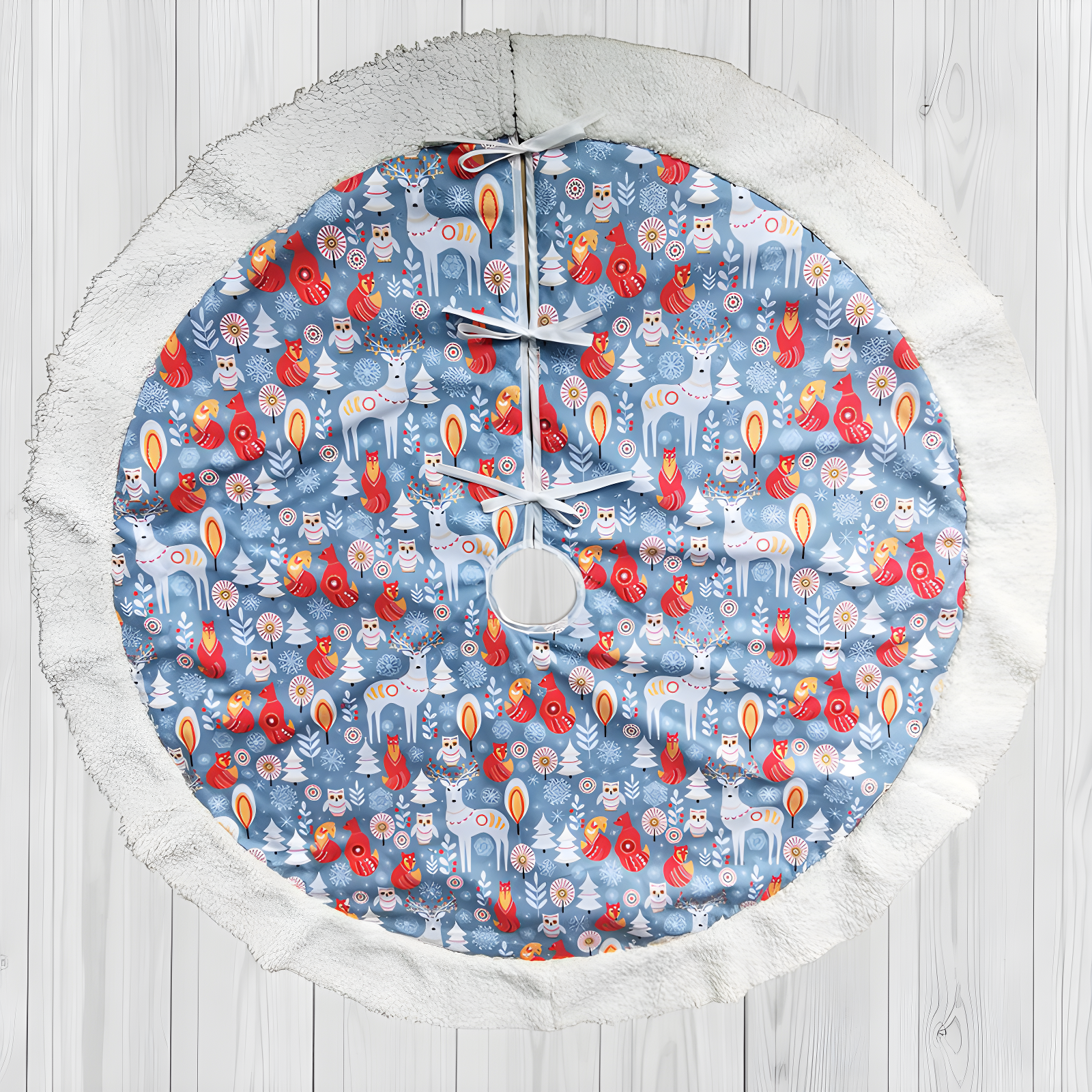 48-Inch Blue and White Scandinavian Forest Animal Tree Skirt