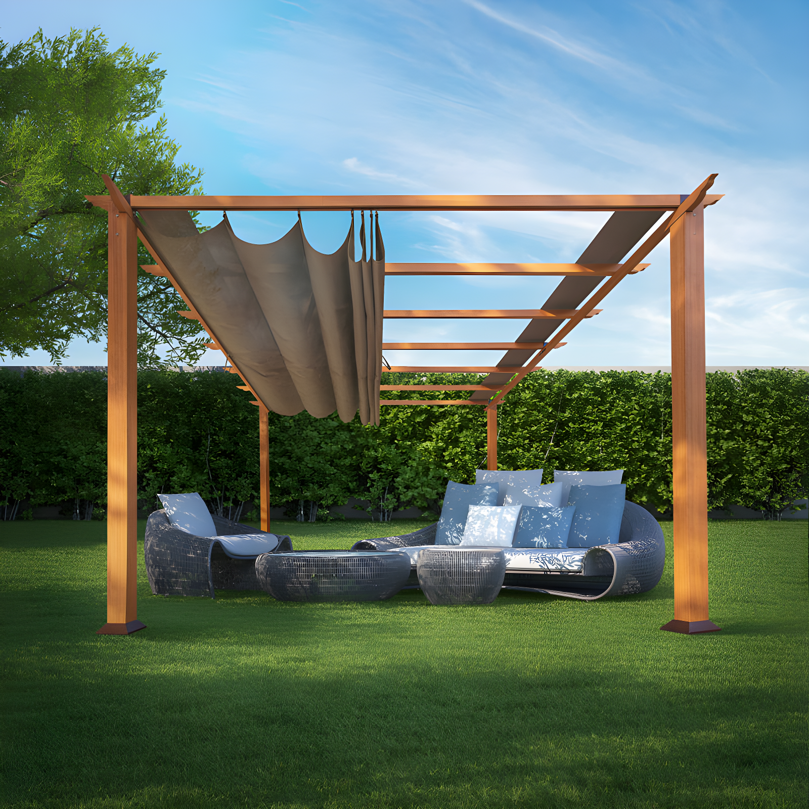 11' x 11' Canadian Cedar Wood Pergola with Cocoa Canopy