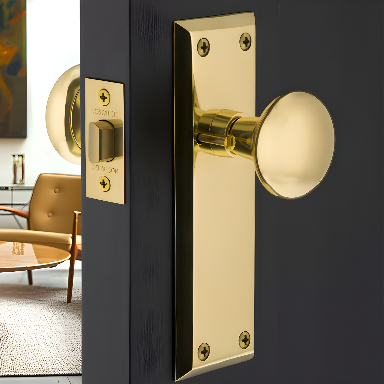 Unlacquered Brass New York Plate Privacy Door Knob Set