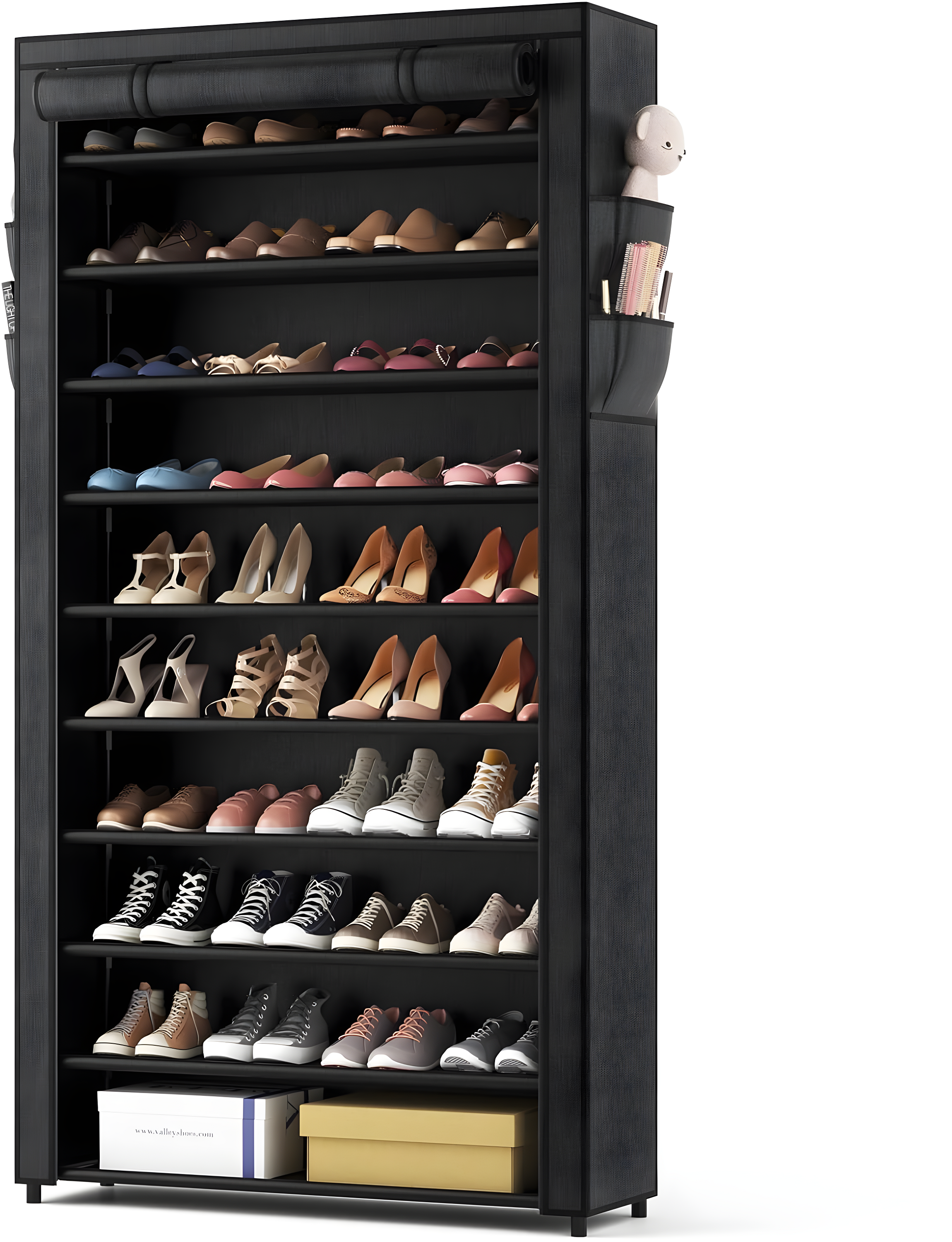 Tall Black Fabric and Metal 10-Tier Stackable Shoe Rack