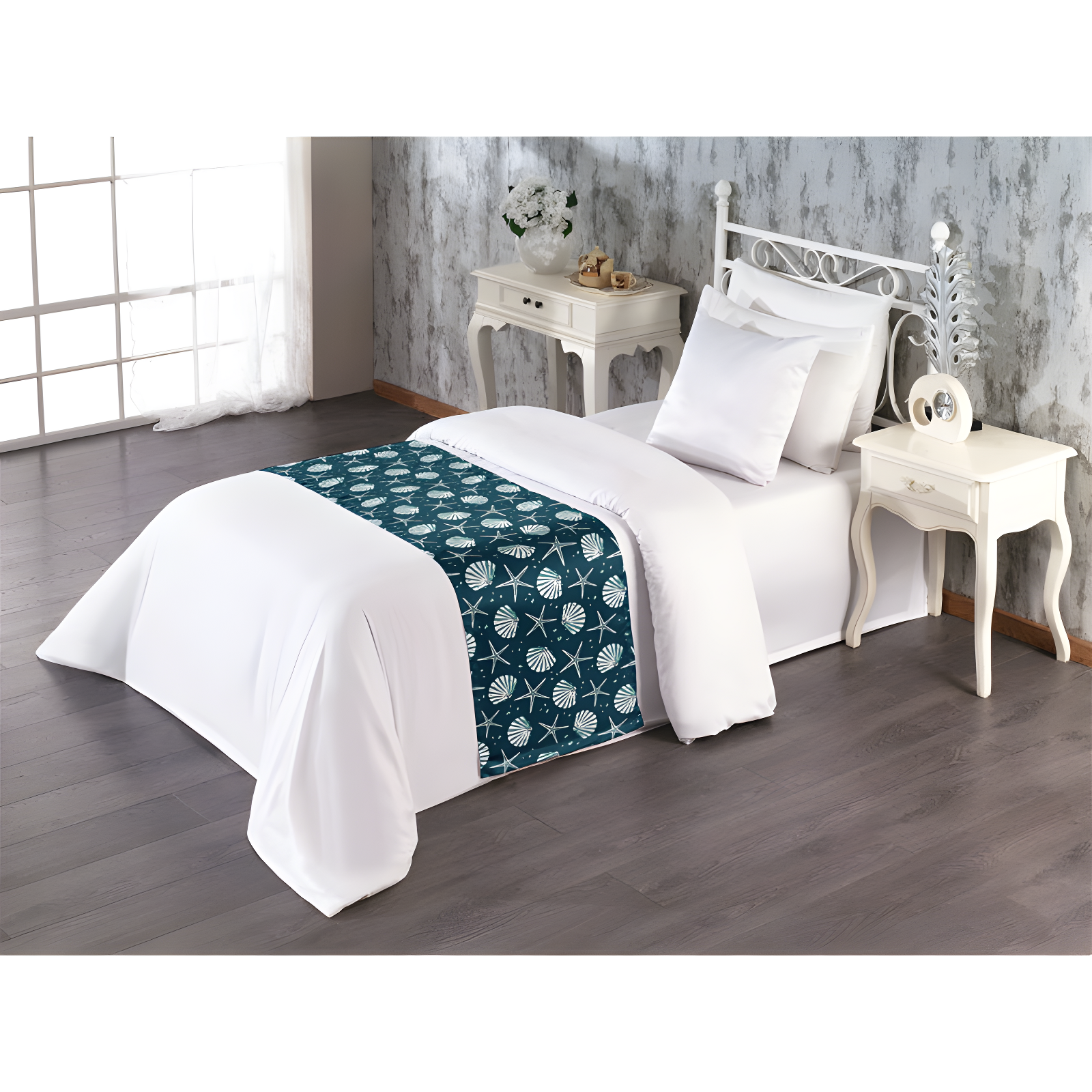 Twin Blue Polyester Satin Coastal Print Bed Runner Set