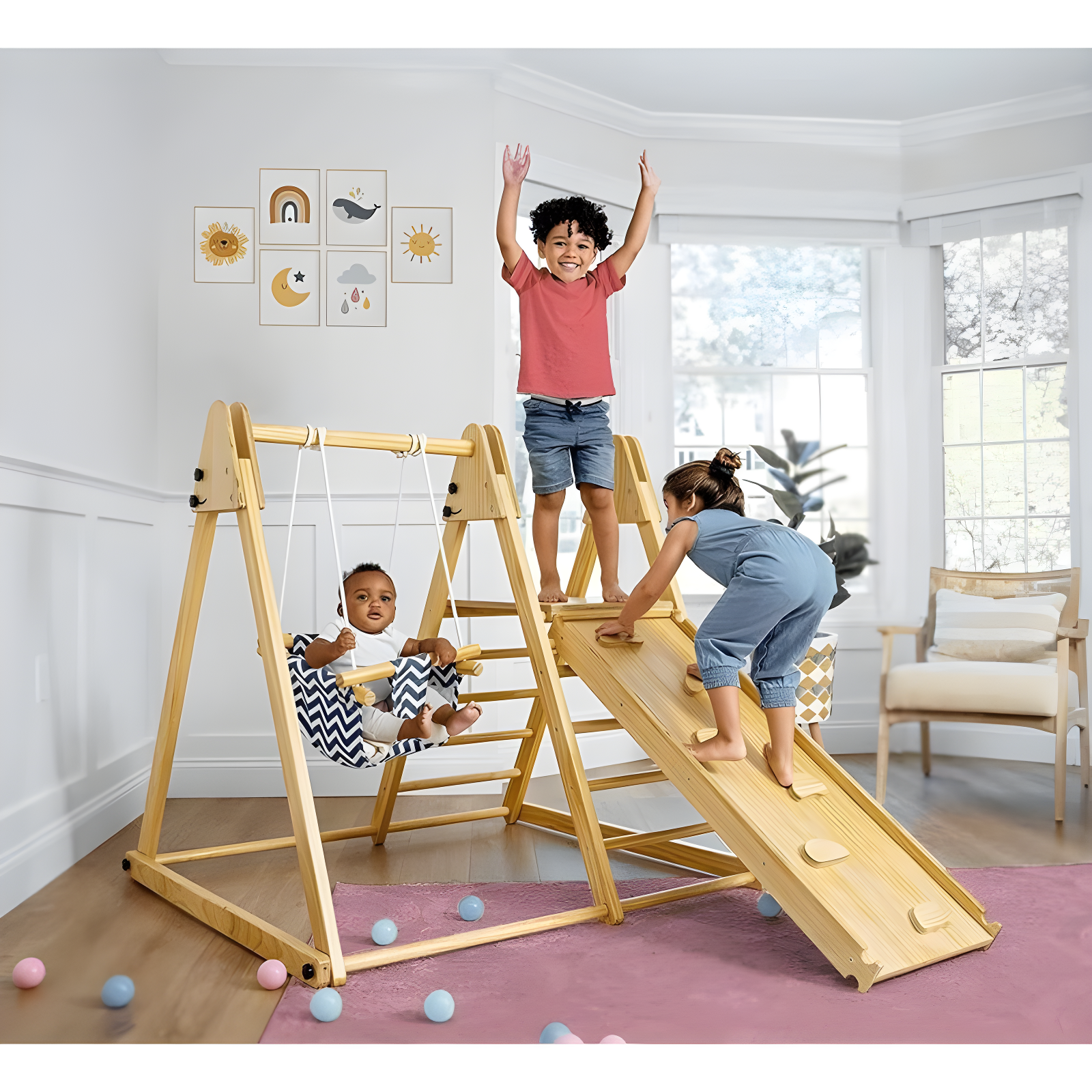 Juniper Natural Wood Indoor Playset with Climber, Swing, and Slide