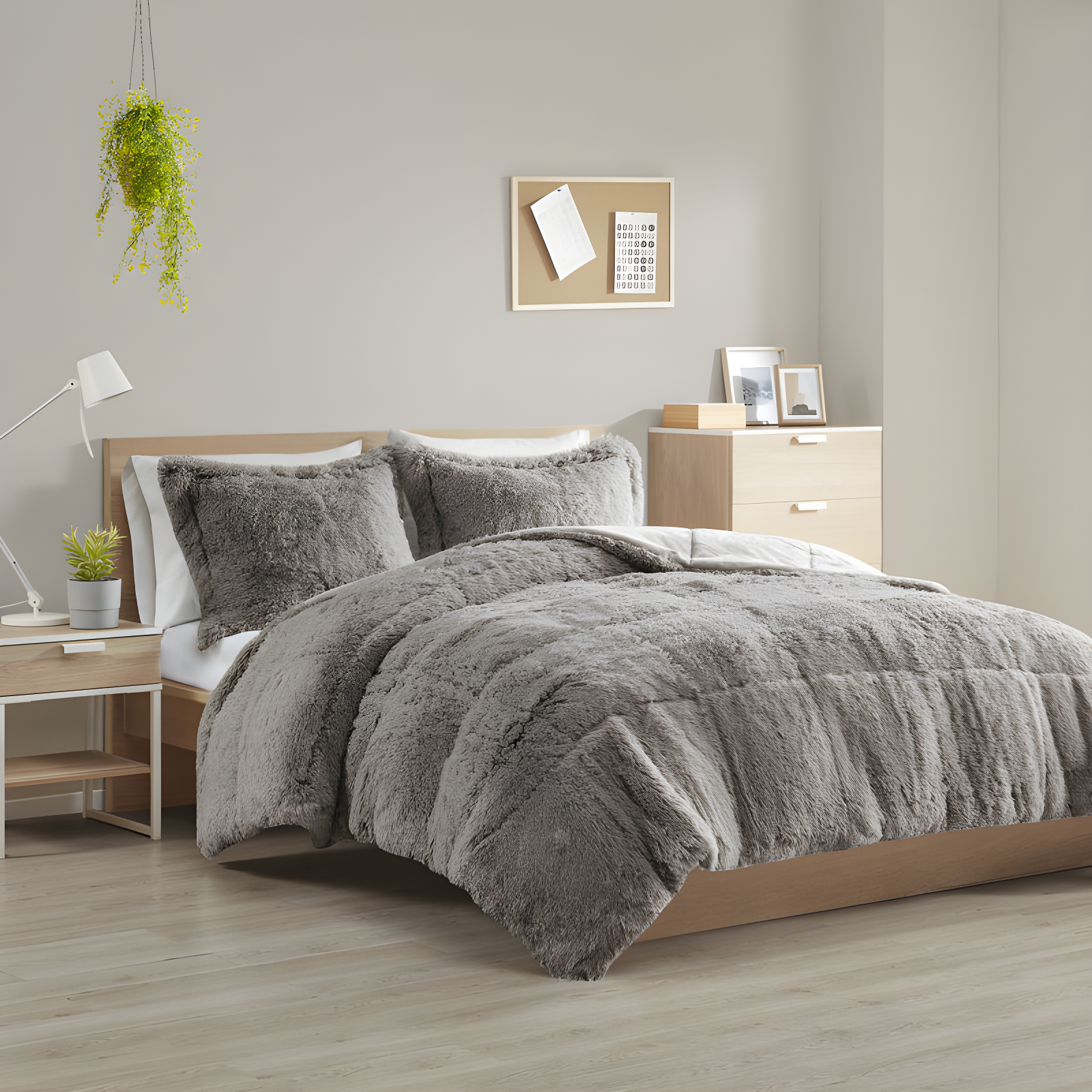 Gray Full Faux Fur Down Alternative Reversible Bedspread Set