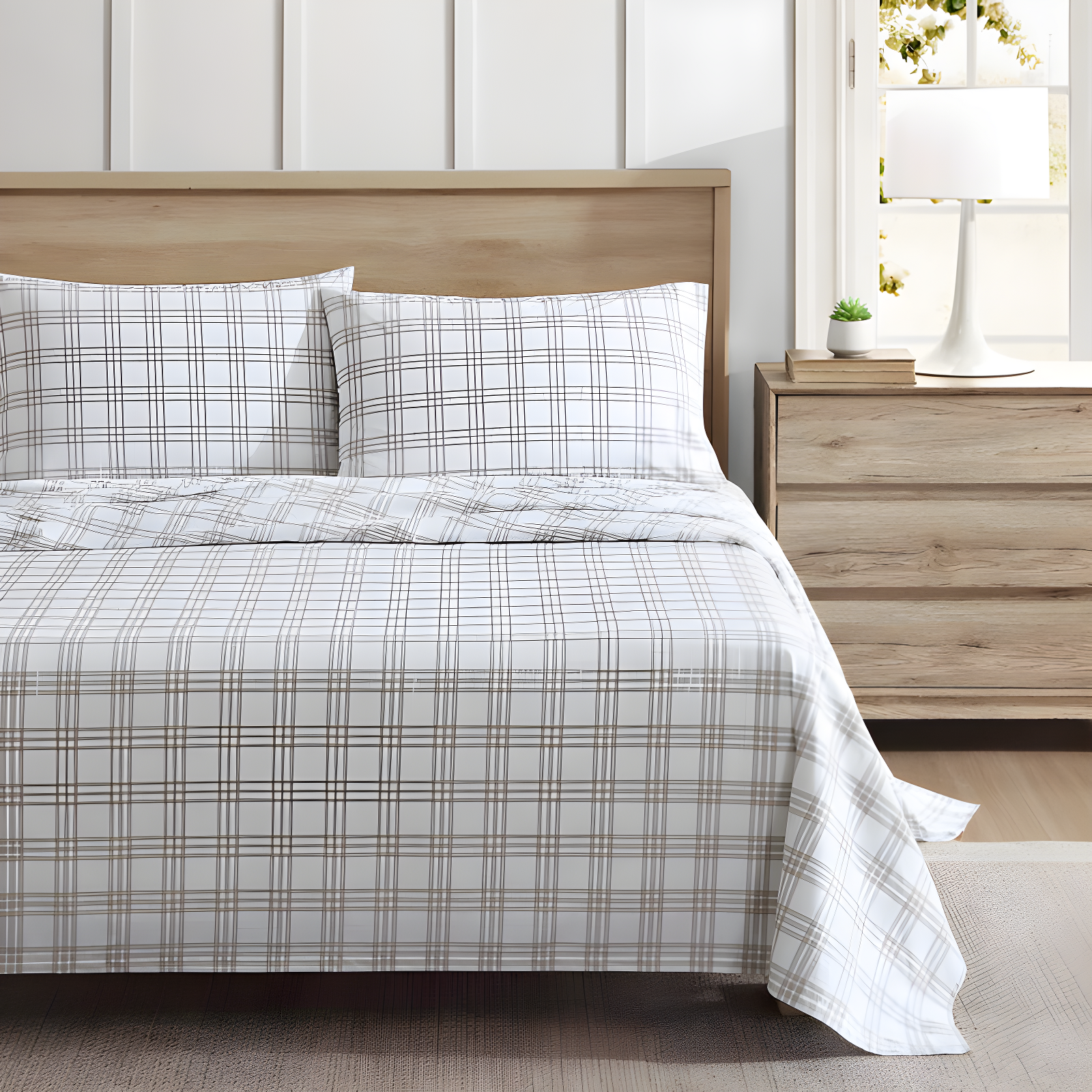 Queen White and Beige Plaid Cotton Percale Sheet Set