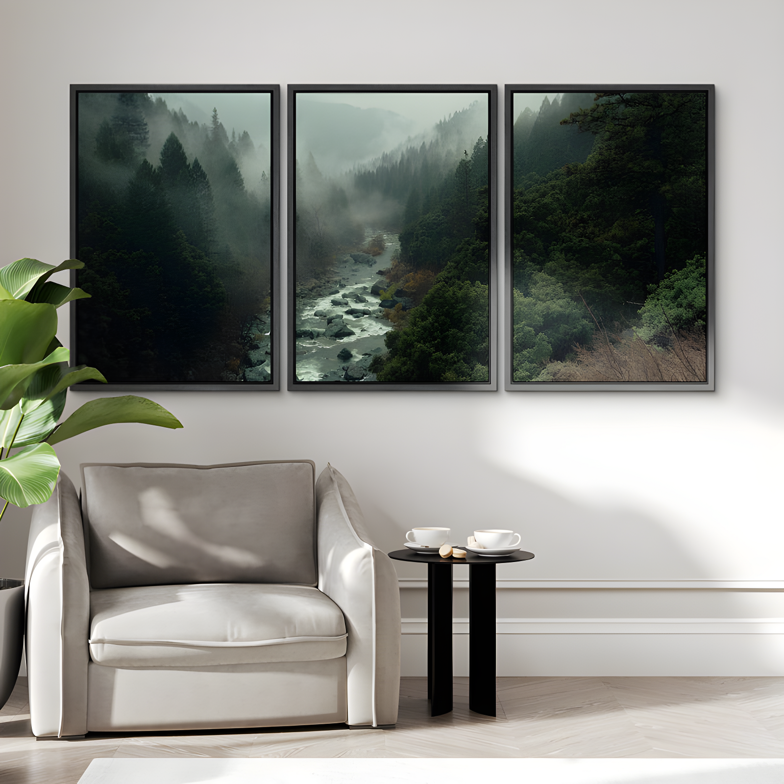 Misty Forest Green River Framed Canvas Print Set